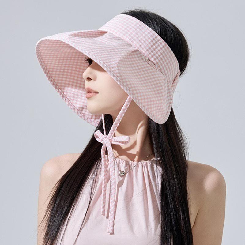 Summer Checkered Sun Hat Foldable Wide Brim Empty Top Beach Hat Breathable Uv Protection Women Sun Shade Visors