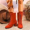 Fashion French Vintage Suede Mid-thigh Boots Autumn New Round Toe Lace-up Front Non-slip Wear-resistant Block Heel Shoes