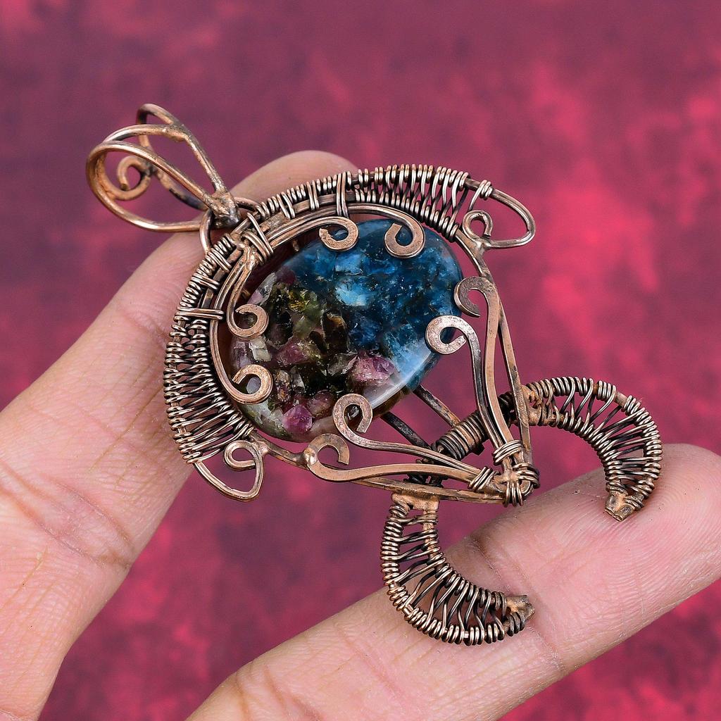 Copper watermelon tourmaline pendant copper wire wrapped gemstone pendant tortoise pendant handmade jewelry wire wrap jewelry gifts for her