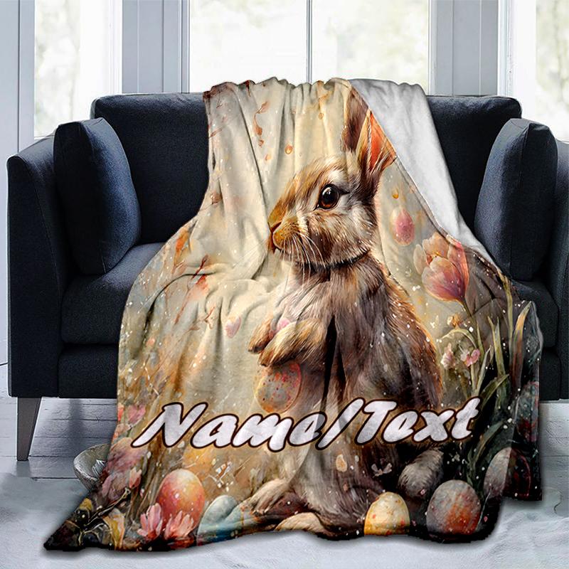 1PC Custom Name Easter Bunny Eggs Outdooor Flannel Blankets Throw Blanket All-Season Throw Gift Bedspread for Couch, Bed, Camping Holiday Birthday Gif