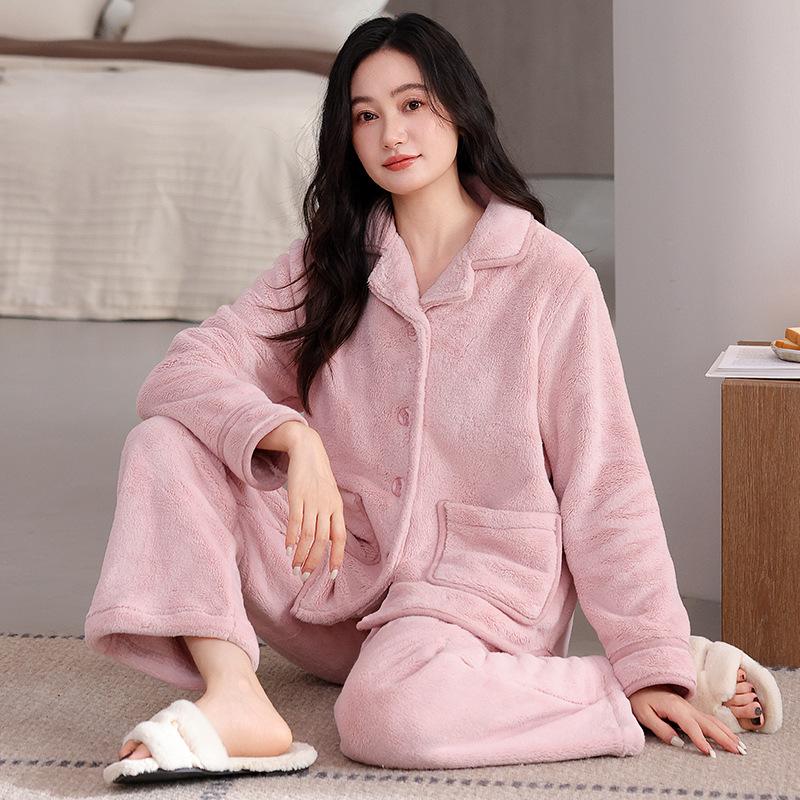 Flannel couple pajamas winter fleece thickened coral fleece men's and women's autumn and winter large size high-end loungewear set
