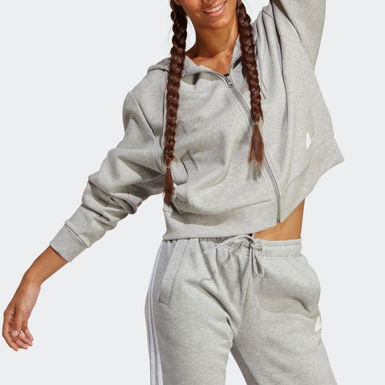 Adidas Striped Hooded Zip-Up Sweatshirt Women Sweatshirts Gray IB8511