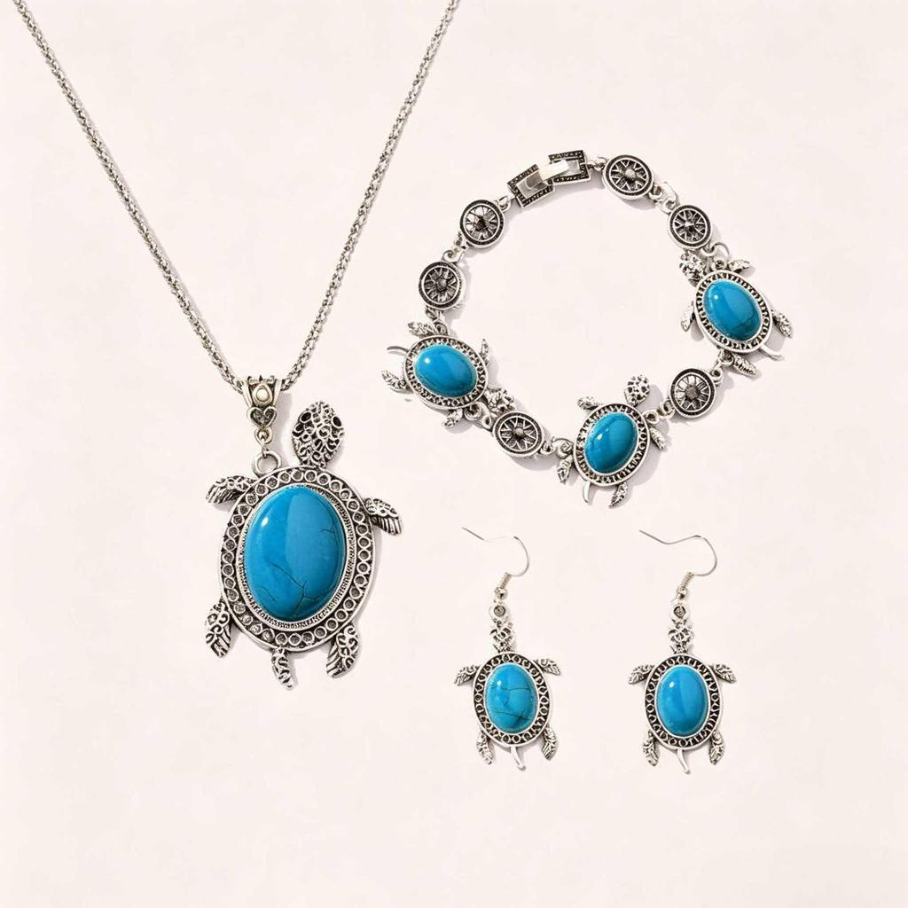 Retro Turquoise Turtle Jewelry Set: Three-Piece Exotic European & American Fashion
