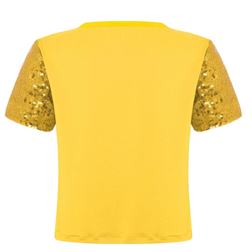 Girls Sequin Sparkle Crop Top Short Sleeve Round Neck Jazz Hip Hop Dance Shirt