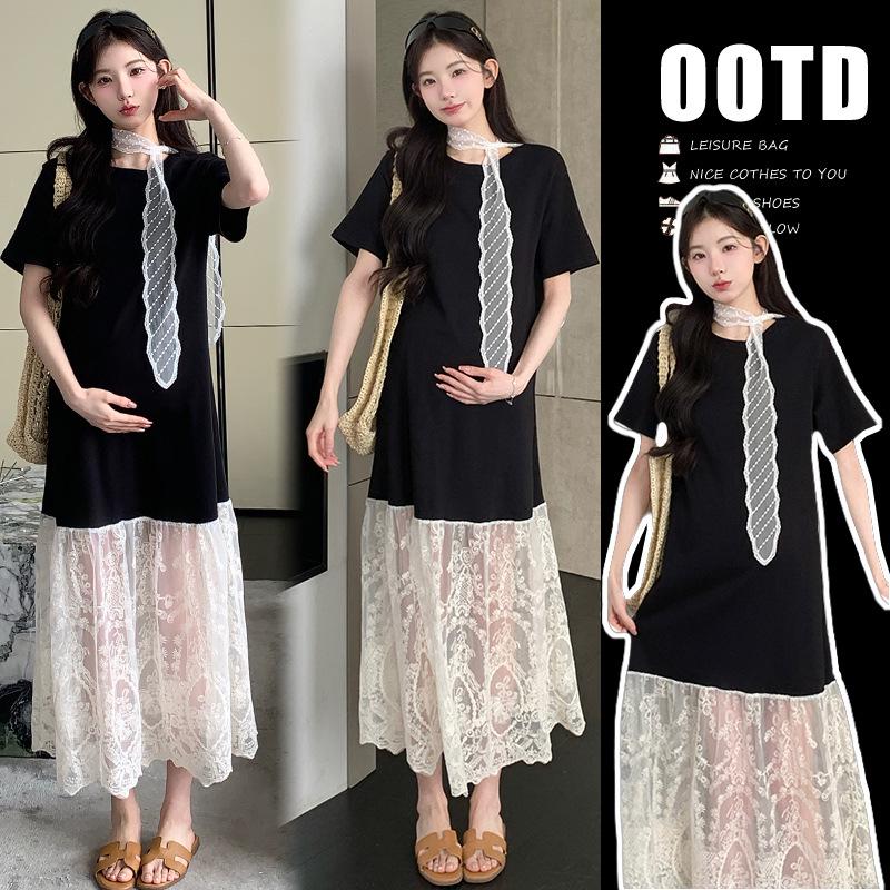 2026 Summer Fashionable French-Style Maternity Patchwork Dress with Ribbon - Age-Reducing Spicy Mom Two-Piece Look XXL