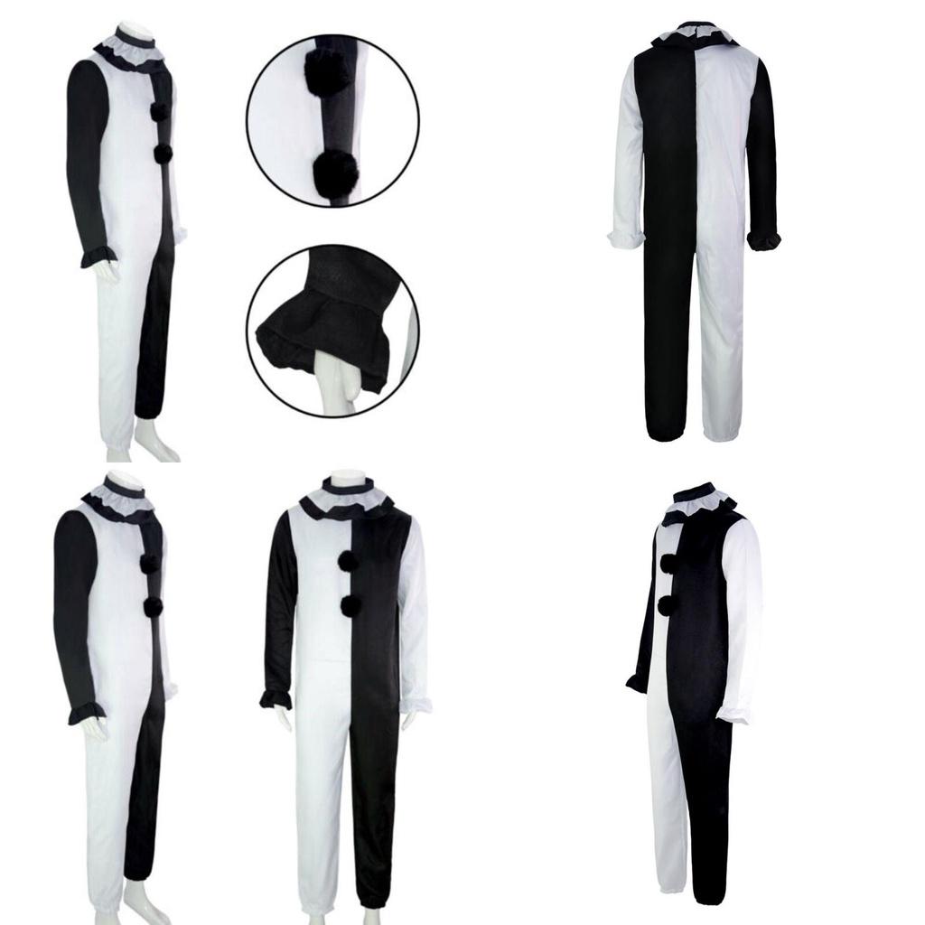 Strašidelný kostým klauna Terrifier na Halloween pro dospělé Vysoce kvalitní černo-bílá kombinéza