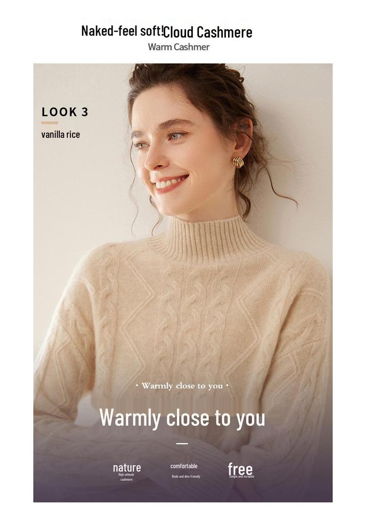 2025 Autumn-Winter Women's Retro Cashmere Cable Knit Sweater, Half-High Collar, Loose Slim Fit