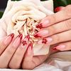 24Pcs Almond Press On Nails for Women, Red French Tip Flower Nude Stick-on Fake Nails, Removable Full Cover Glue On False Nails