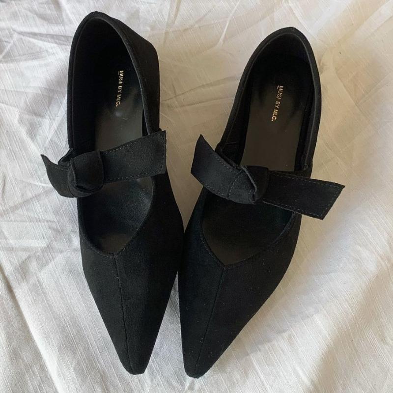 

Атласные туфли Мэри Джейн с острым носком, вязаные балетки с бантом, неглубокие, удобные, на толстом каблуке, женская повседневная обувь, элегантный дизайн, балетки 35 чёрный