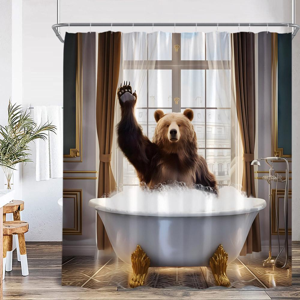 Funny Bear Vintage Shower Curtain Bathing Brown Bear Countryside Cabin Wild Animal Retro Bathroom Decor Polyester Bath Curtain