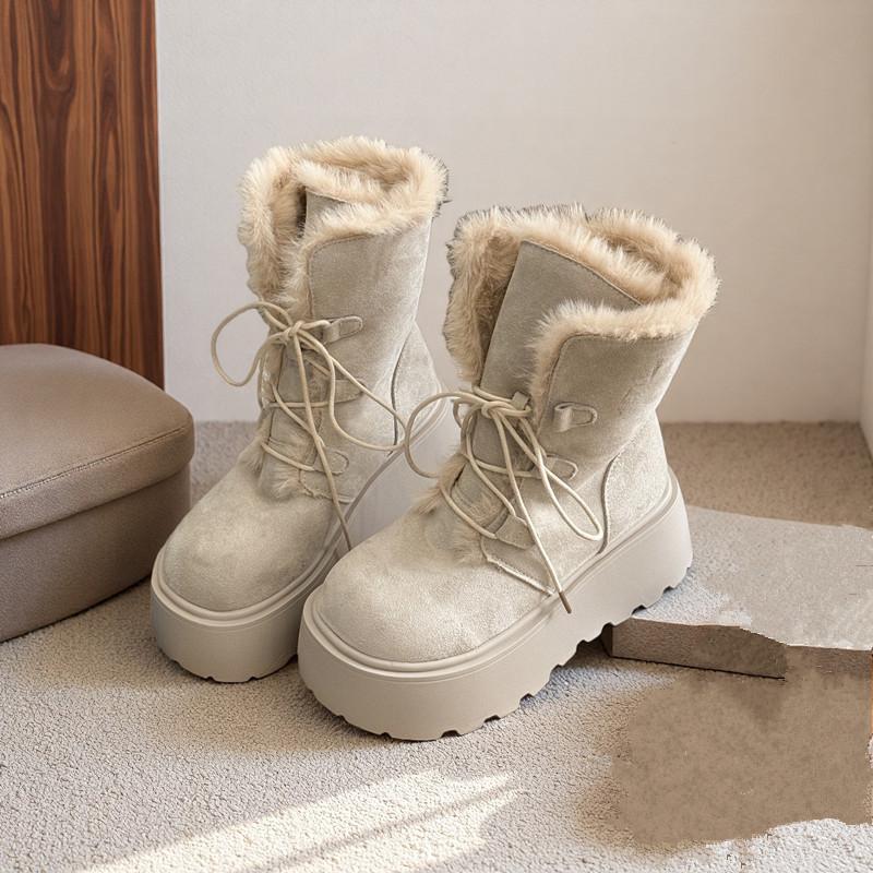 Winter Chunky Thick Sole Women Fur Snow Boots Concise Height Increase Shoes Ladies Outdoor Keep Warm Cotton Short Booties