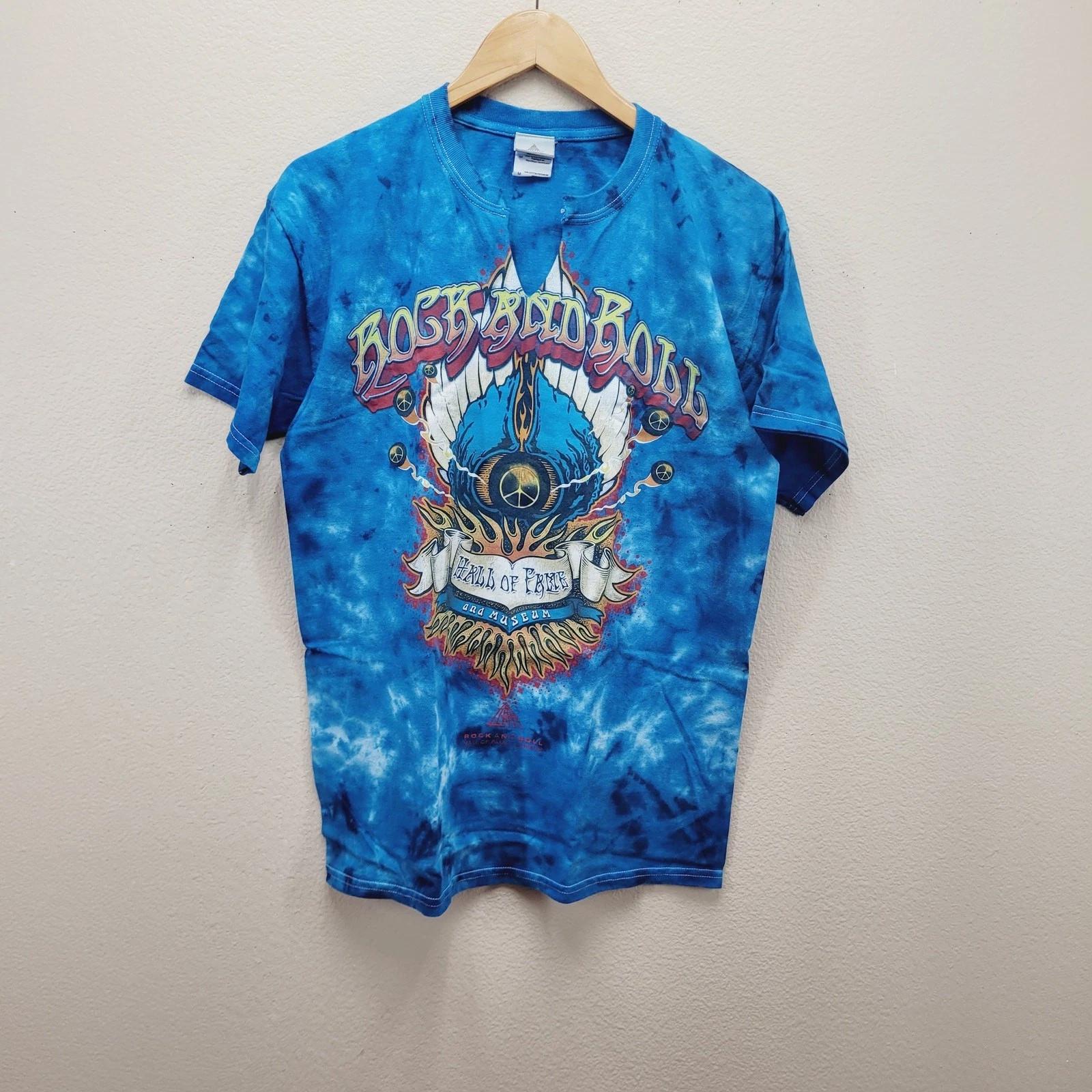 

Rock Hall Fame T-Shirt M Tie Dye Graphic Tee Cut V-Neck Psych Rock Music Merch S