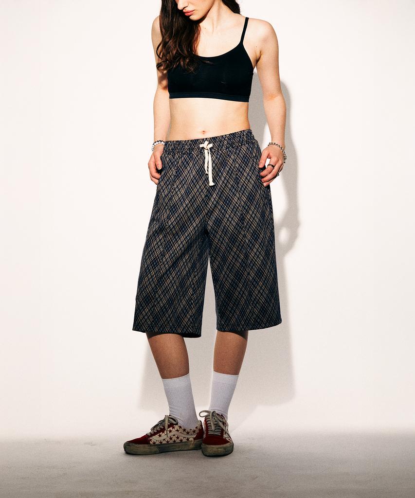 TONSIL Vintage Check Elastic Waist Bermuda Pants Navy