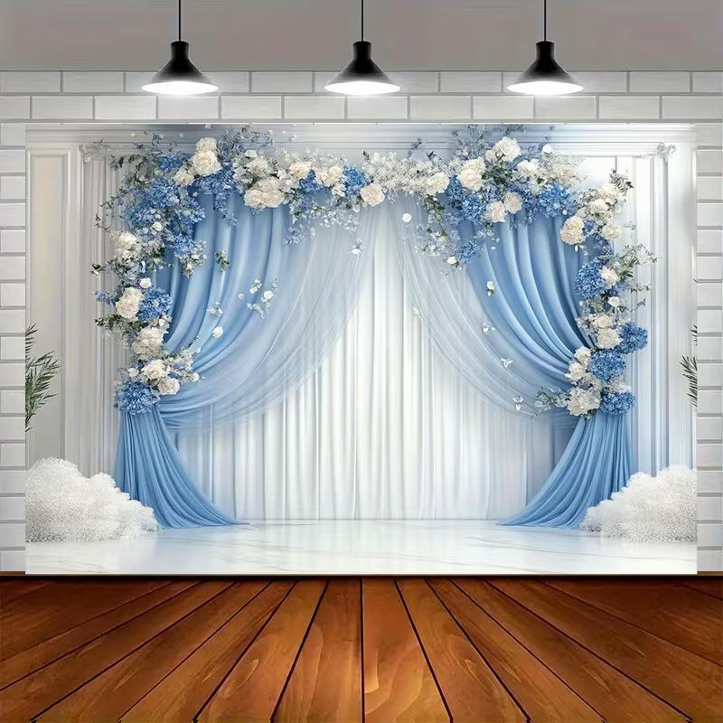 

2D Blue White Hydrangea Curtain Backdrop for Engagement Party 47.2x31.5inch/120*80cm