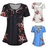Women Casual Short Sleeve Button Pleated Loose Tunic Printed Blouse Tops Shirt