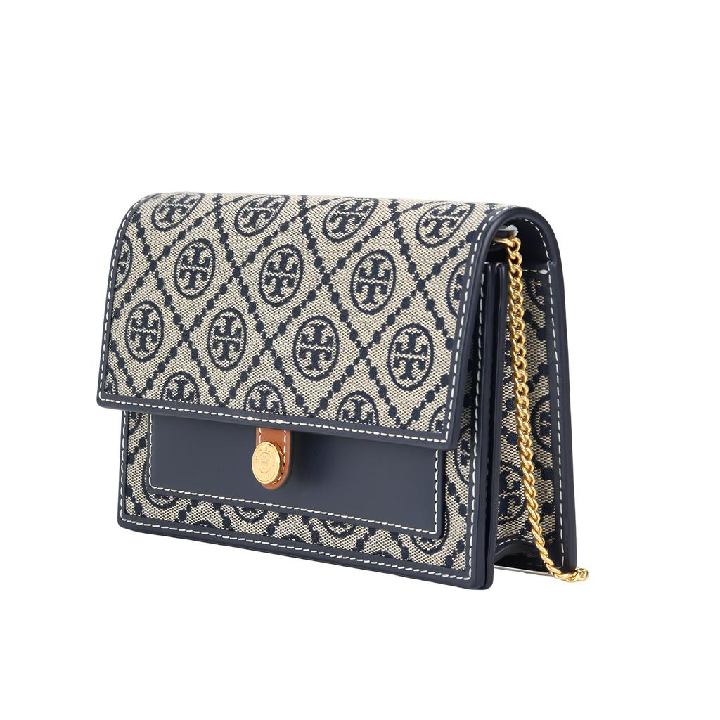 Tory Burch T Monogram Double T Logo Jacquard Magnetic Snap Chain Shoulder Strap Crossbody Bag Women Crossbody Bag Navy-Blue 149061-405