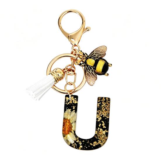 Dried Flower Letter Charm Bee Keychain Pendant Resin Black 1 Pc