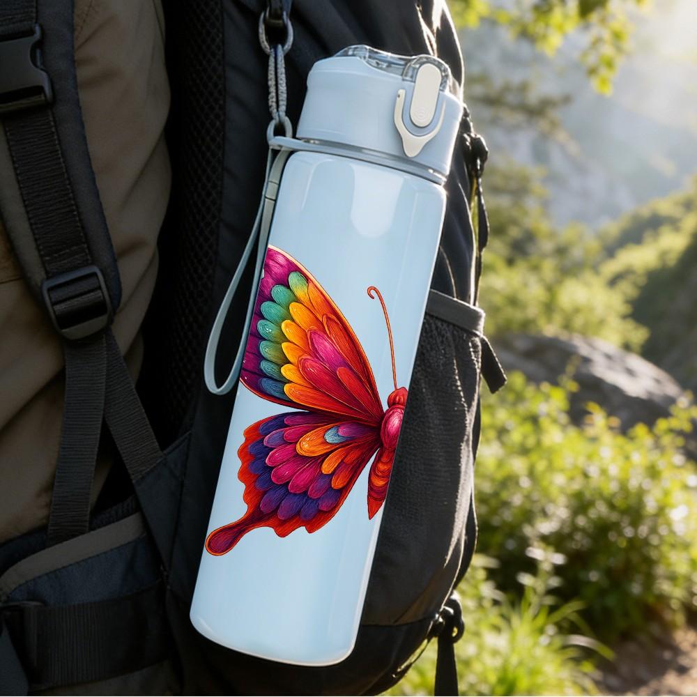 1 PZ Farfalla con Ala Arcobaleno Primo Piano 750ml Plastica Colorata Borraccia Sportiva Tappo Flip con Cannuccia Anti-perdita Adatta per Sport Ufficio Uso Domestico