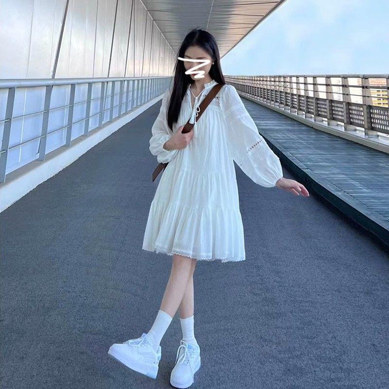 Women's French White Puff Sleeve Shirt Dress - Petite & Tall, Long Sleeve, Spring/Autumn Holiday Style