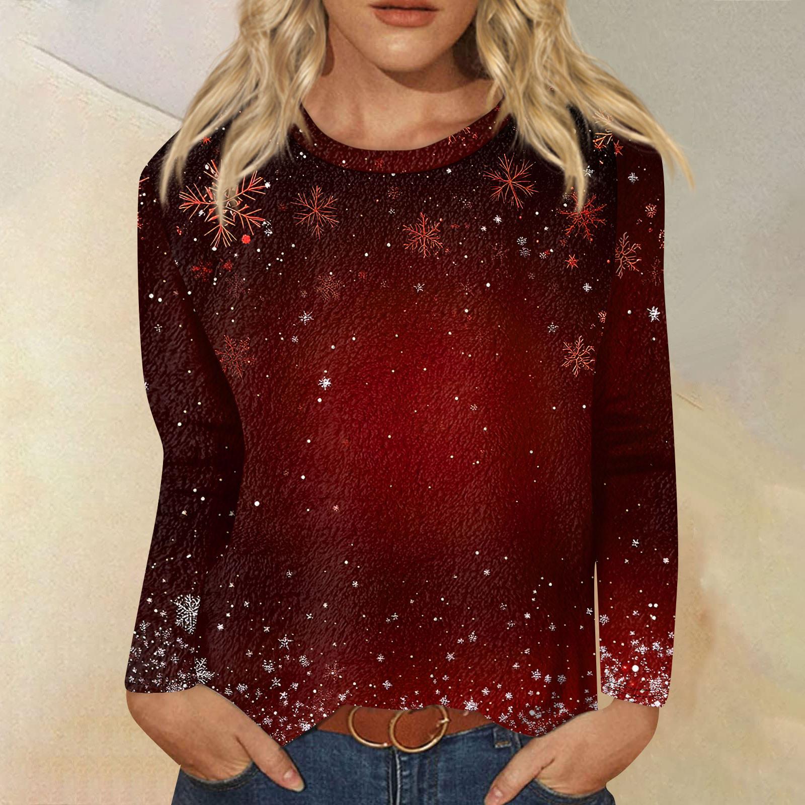 

Женская модная повседневная фланелевая футболка с длинным рукавом и круглым вырезом с рождественским принтом S