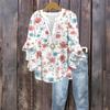 Women's Fashion Button V-Neck Ruffle Seven Sleeve Blouse Floral Printed Top