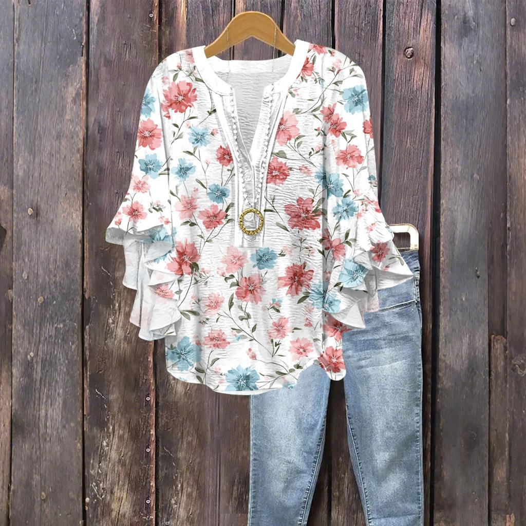 Women's Fashion Button V-Neck Ruffle Seven Sleeve Blouse Floral Printed Top