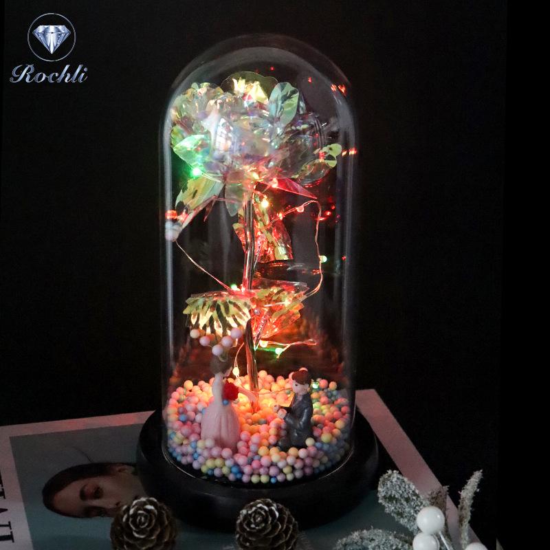 Rose Flower Preserved in Glass Dome with Night Light - Mother's Day or Birthday Gift Ornament