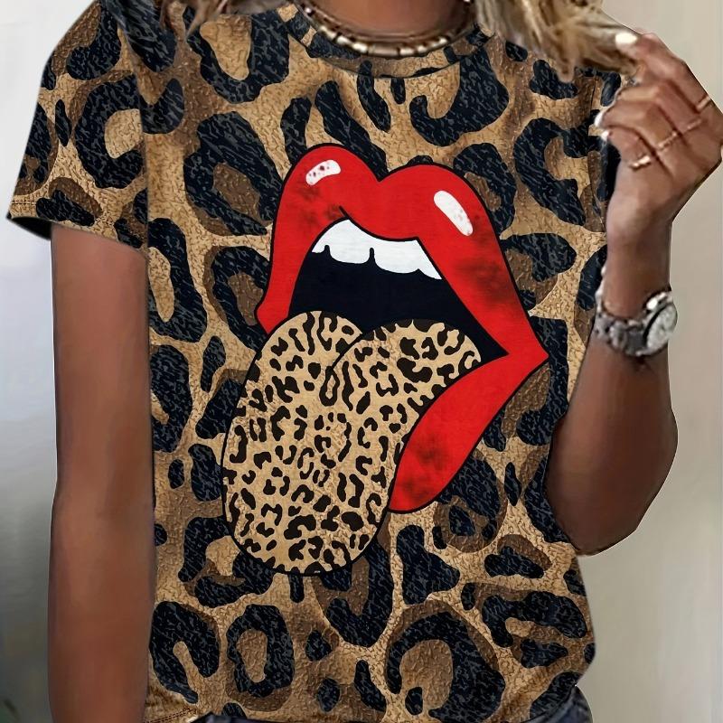 Women's Red Lips And Leopard Print T-Shirt Y2k Fashion Casual Round Neck Short-Sleeved Summer Women's Clothing Tees