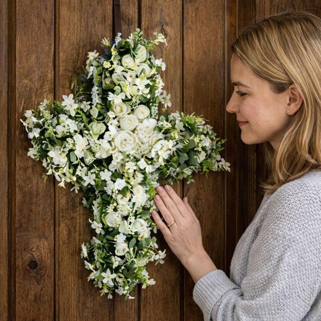 Easter Cross Wreaths for Front Door Faith-Based Artificial Spring Decoration Cross Front Door Wreath for Spring Outdoor Porch