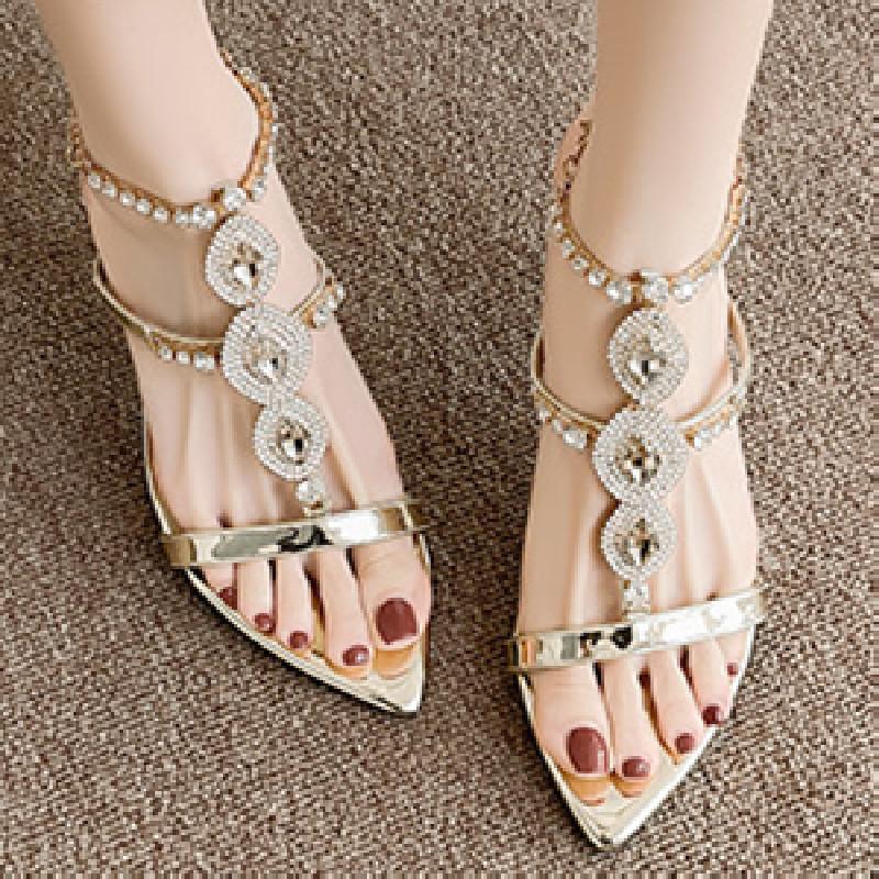 Fashion Luxury Rhinestone Women Sandals Fashion Pointed Toe Open Toe Chain Buckle Roman Shoes High Quality Elegant Thin Heel Dress Shoes