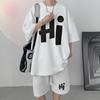Casual Men's Summer T-Shirt Shorts Two-Piece Set Loose Fit Hong Kong Style Printed Plus Size Sportswear