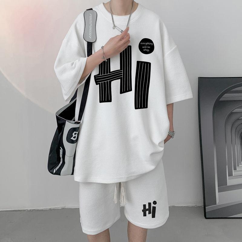 Casual Men's Summer T-Shirt Shorts Two-Piece Set Loose Fit Hong Kong Style Printed Plus Size Sportswear