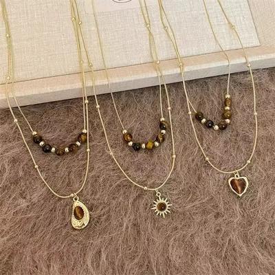 Fashion Double-layer Brown Natural Stone Sun Heart Pendant Golden Metal Chain Necklace For Women Aesthetic Retro Jewelry Gift