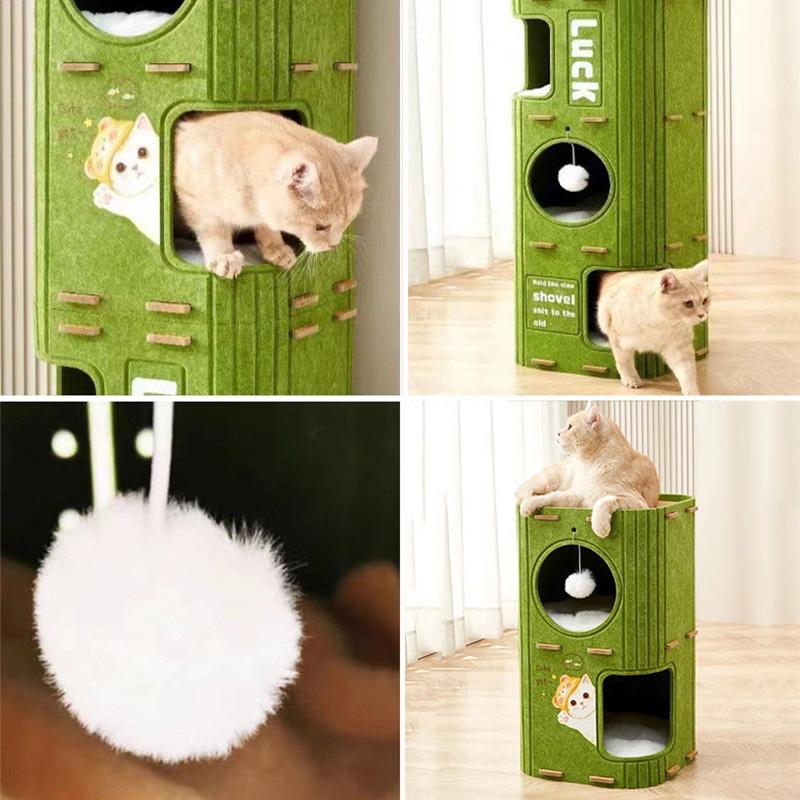 Grünes Filz-Katzenfass-Bett - Mehrstöckiger Kratzbaum mit Höhle und Hängespielzeug, Gemütliches Kätzchenhaus, Haustiermöbel für kleine bis mittelgroße Katzen