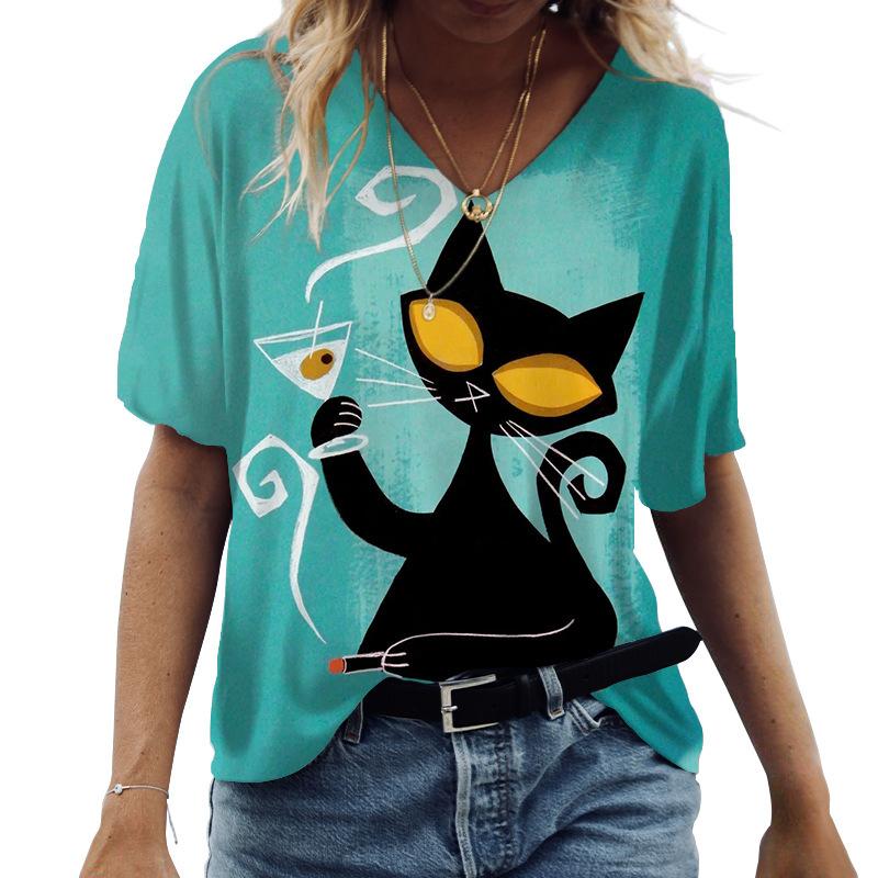 Kawaii Cute 3D Printed Cat Women's T-shirt Women's Clothing Short Sleeve V-neck Summer T-shirt