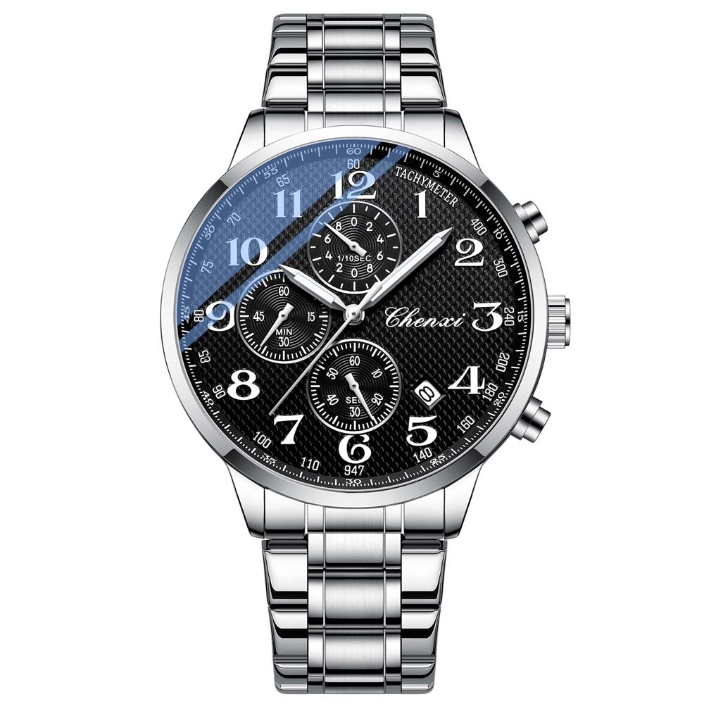 CHENXI Multifunctional Men's Watch, Real Three-Eye Six-Needle Calendar Chronograph, Stainless Steel Strap, Quartz Movement
