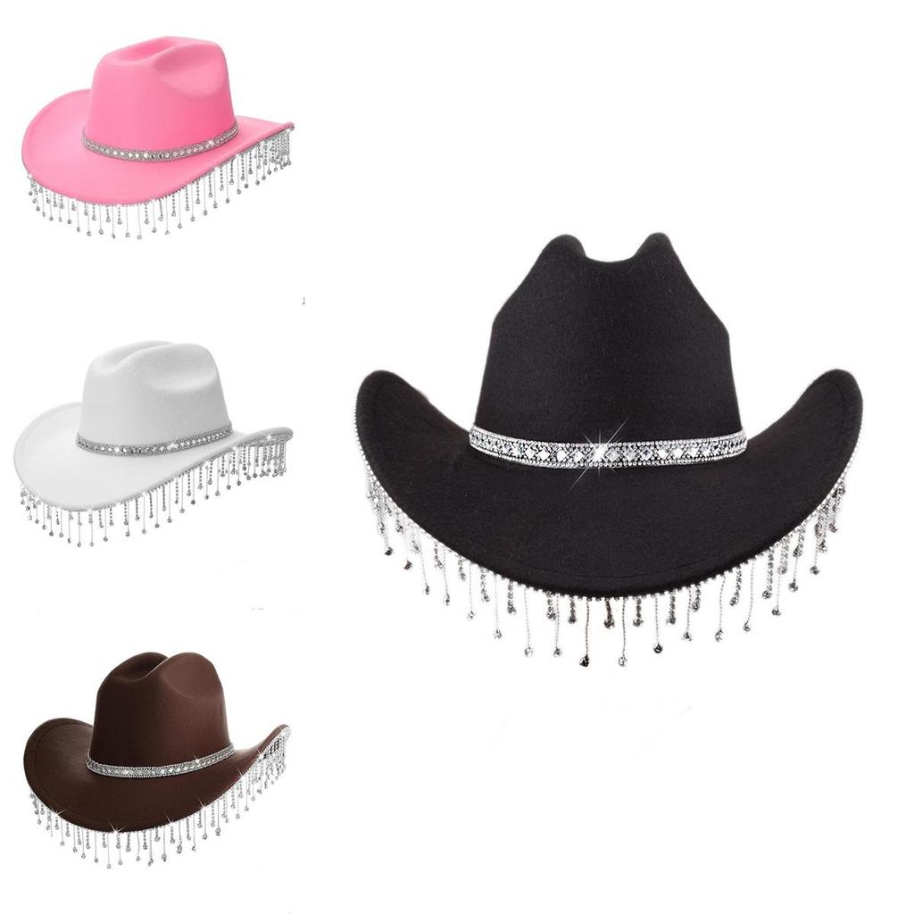 Western Cowgirl Hat With Rhinestone Tassel Decoration And Large Brim For Summer Outdoor Fashion