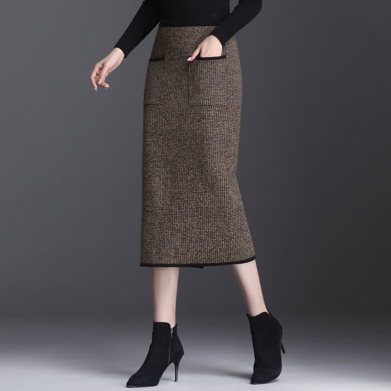 Warm Knitted Plaid Skirt High Waist Women Autumn Winter Split Bodycon Skirts