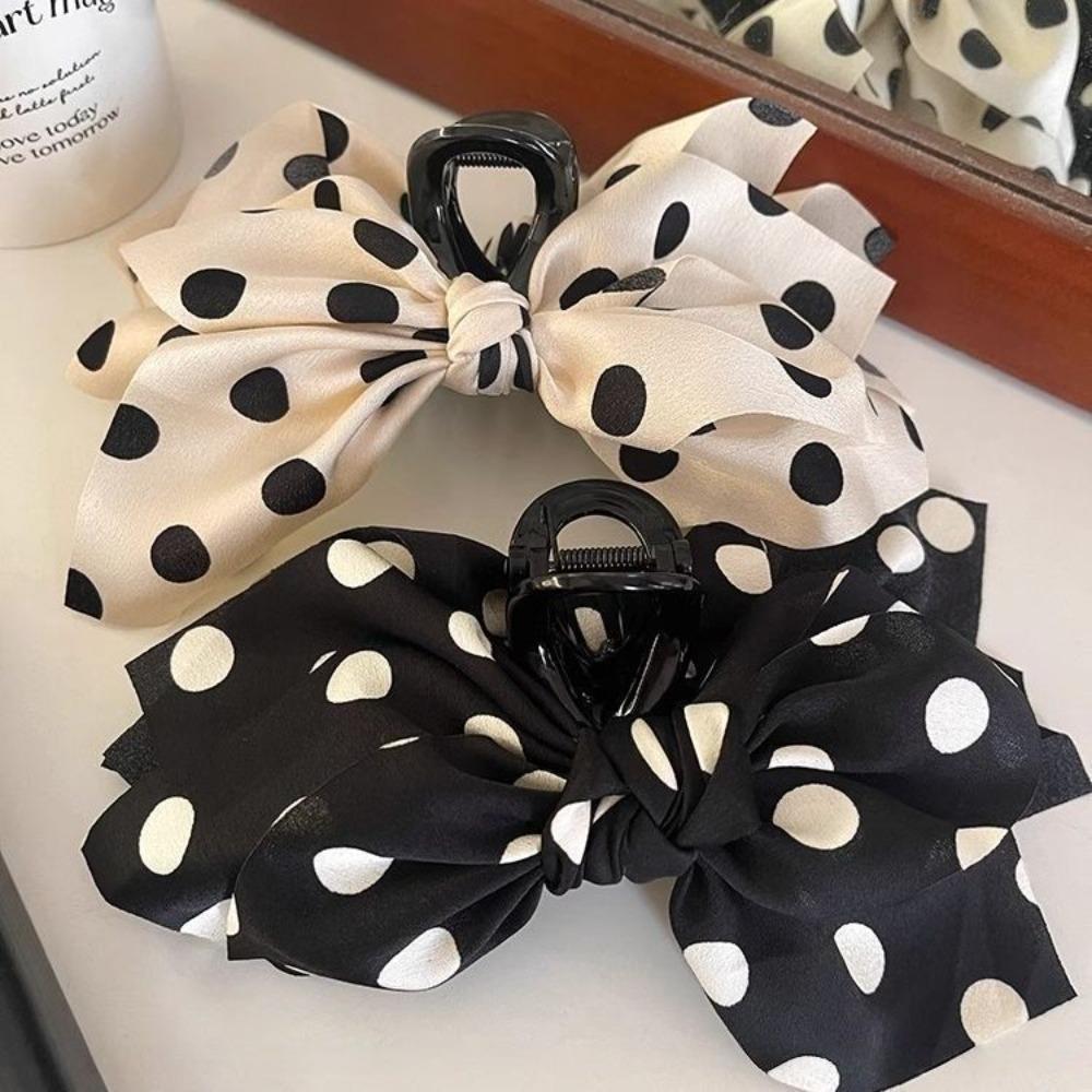 1pc French Black and White Polka Dot Bow Shark Sweet and Cute Clip Three-dimensional Fabric Grab Clip High-end Feel Head Clip
