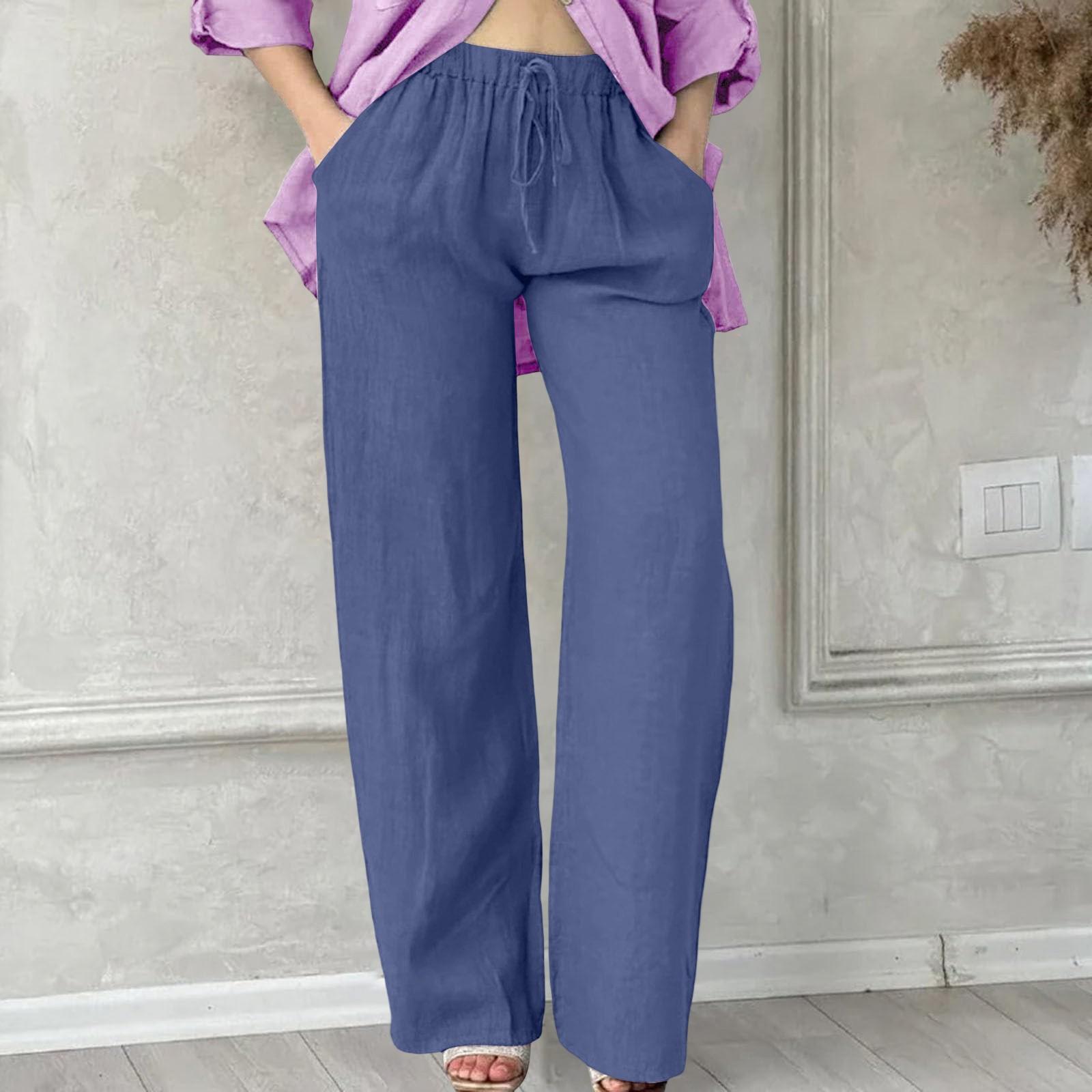 

Льняные брюки для женщин, повседневные, однотонные, с эластичной резинкой на талии, длинные прямые брюки XXL синий