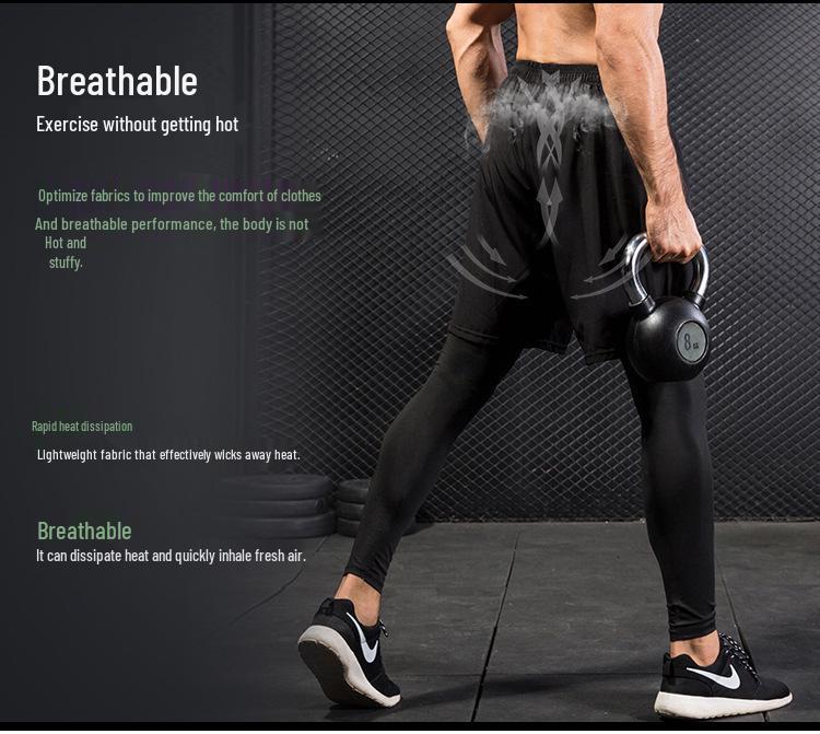 Men's Quick-Dry Stretch Running Tights, Fake Two-Piece, Black/Grey