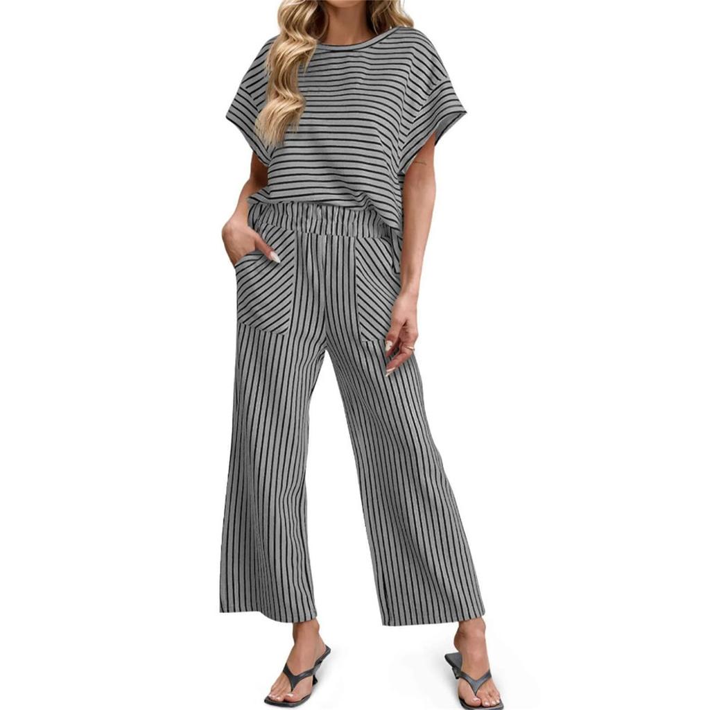 Women's Casual Two Piece Set Striped Top and Pants Loose Fit Short Sleeve Pullover with Elastic Waistband Wide Leg Trousers