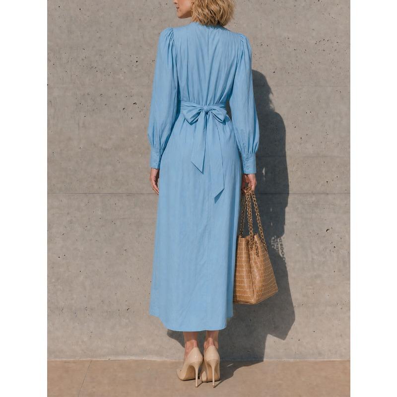 Women S V Neck Long Sleeve Wrap Tie Waist Long Dress