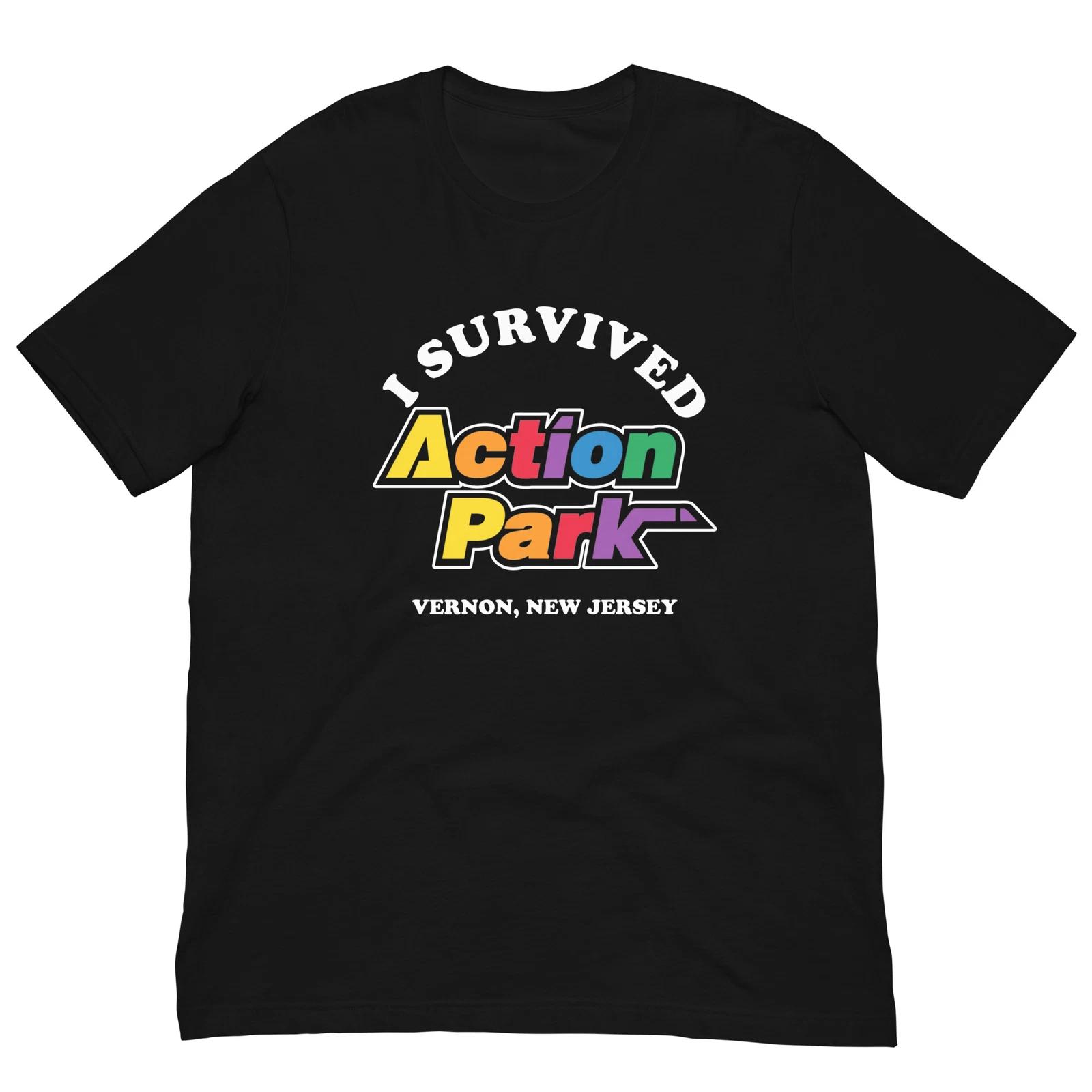 

I SURVIVED ACTION PARK Black Graphic Tee Shirt Unisex 100% Cotton T-shirt Mens Tees Top 4XL