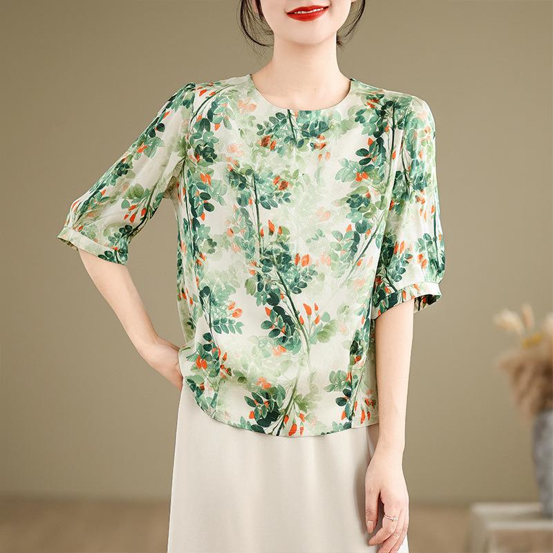 T-Shirt mit kurzen Ärmeln im Western-Stil in großer Größe für ältere Frauen mittleren Alters Frühling Sommer Chiffonhemd Oberteil Blusen & Hemden