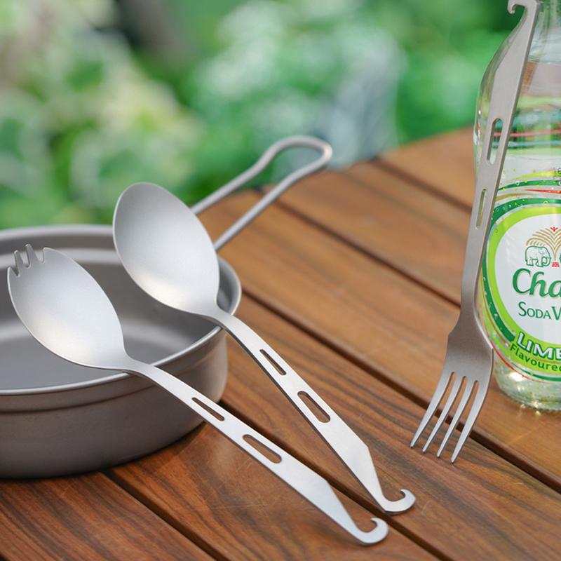 2 In 1 Outdoor Titanium Spoon Fork Spork Camping Tableware With Bottle Opener Portable Hiking Picnic Spoon Fork For Travelling