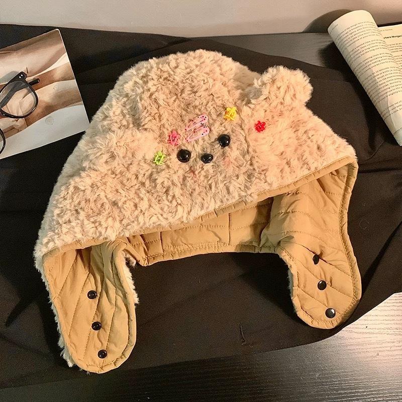 Cute bear hat scarf integrated women's autumn and winter thickened warm plush ear protection hat double-sided pullover Lei Feng hat