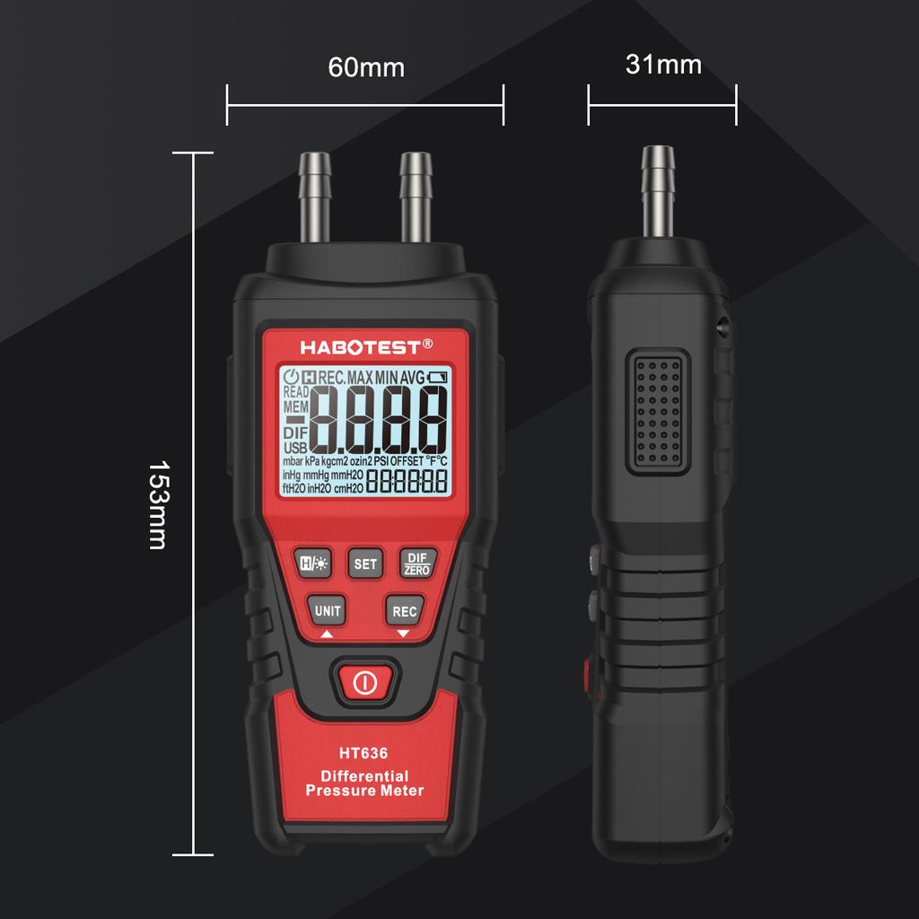 HT636 Digital Manometer Pressure Gauge Meter Handheld Pressure Differential Detector Air Pressure Kit Detector Meter 12 Unit