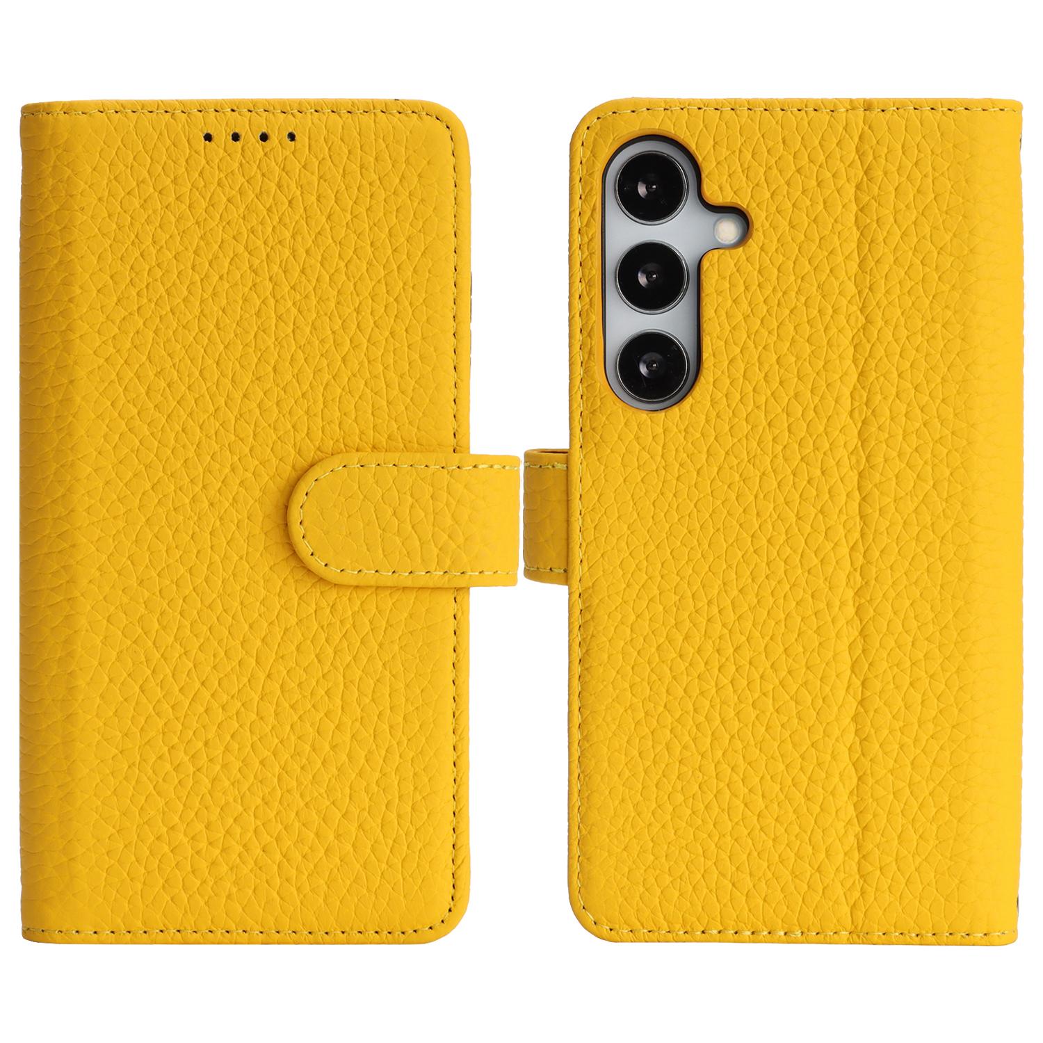 

For Samsung Galaxy S25 Stand Case Litchi Texture Genuine Cow Leather Wallet Phone Cover RFID Blocking - Black/Red