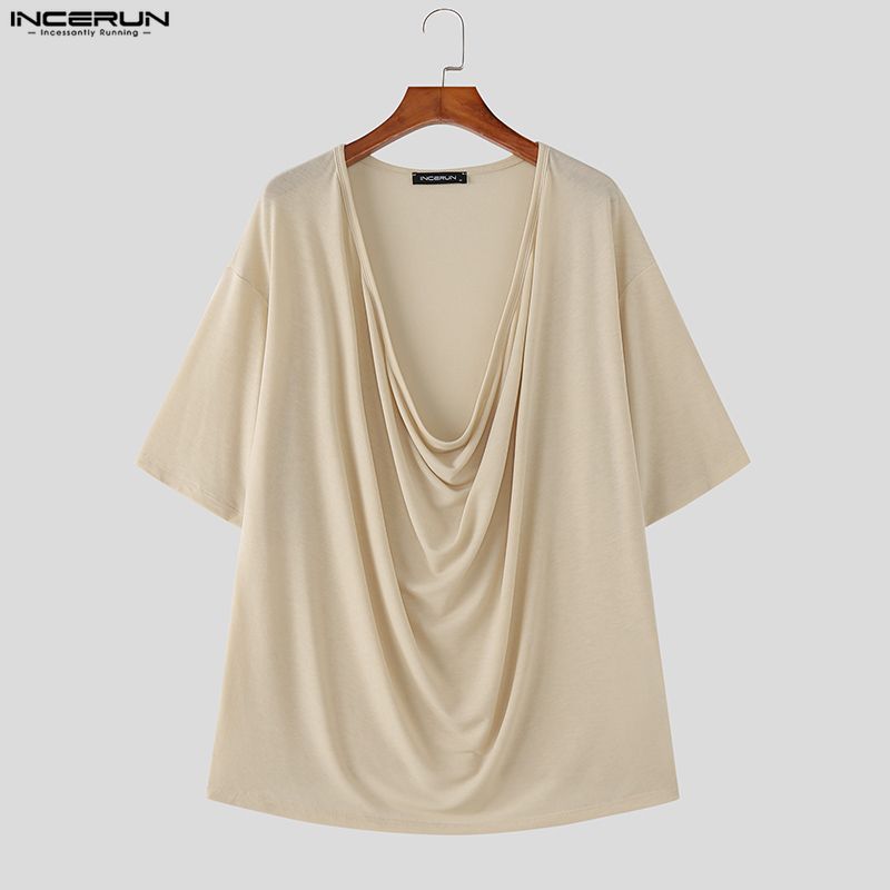 INCERUN T-shirt Casual Estive da Uomo Oversize con Collo a Sottoveste a Maniche Corte, Tinta Unita, Ample
